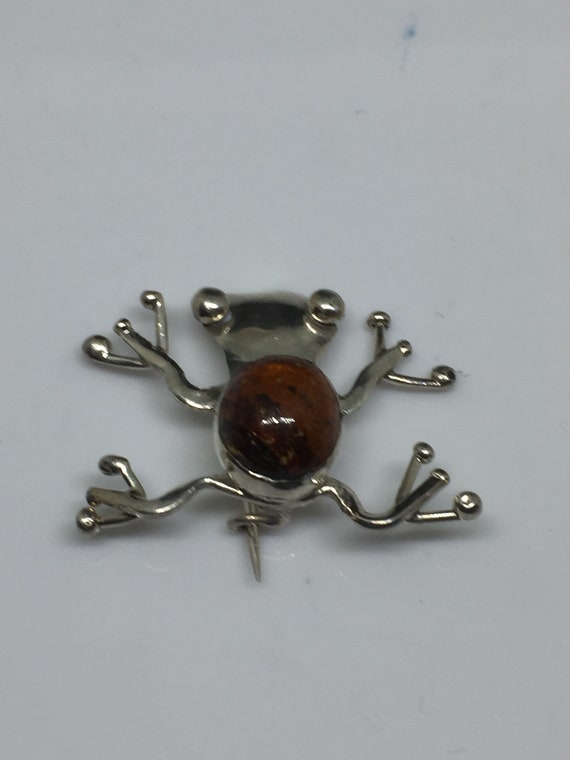 925 Sterling and Amber Rainforest Tree Frog Brooch - image 3