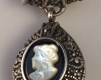 Delightful Cameo Style 925 Sterling Marcasite Shell Onyx Pendant