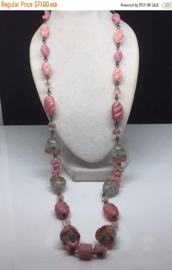 Art Deco Pressed Czech Glass Necklace with Pink, W