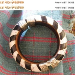 African Wood, Resin & Shell Bangle w/Silver Tone Trim