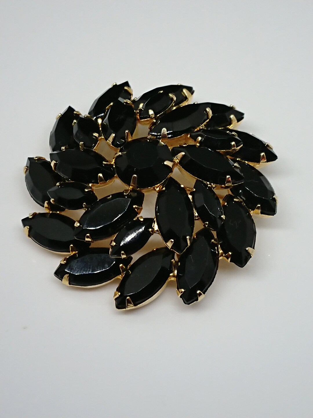 Ancienne Broche Vintage Branche En Onyx Noir & Cristal - Métal Doré - A5