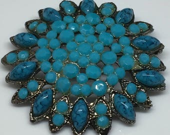 Japanned Aqua Milkglass Rhinestone and Faux Turquoise Brooch