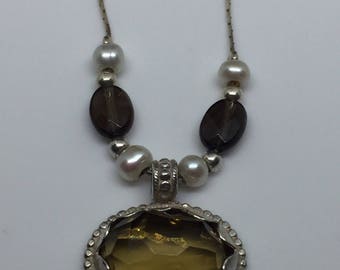 Faceted Smokey Topaz, Pearl, 925 Necklace