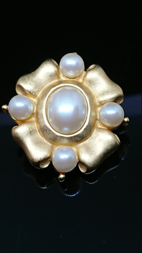 Bright Gold Tone Faux Pearl Clip Ons - image 3