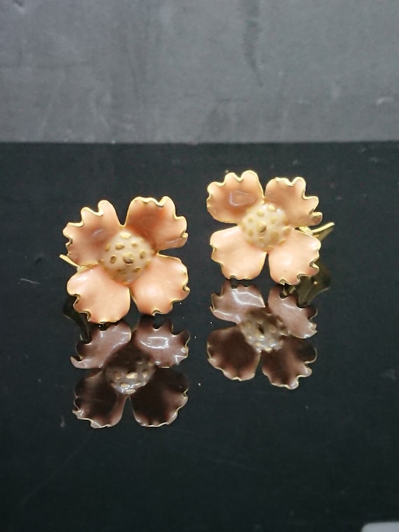 Gold Tone Enameled Flower Clip-On Earrings - image 2