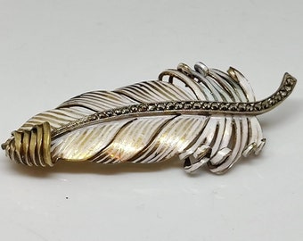 Handarbeit Brass Hematite and Enamel Feather Brooch, circa 1950s