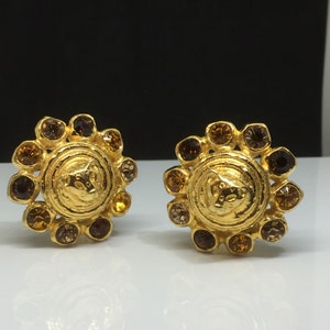 Graziano Runway Bright Gold Tone Leopard Motif and Rhinestone Clip Ons