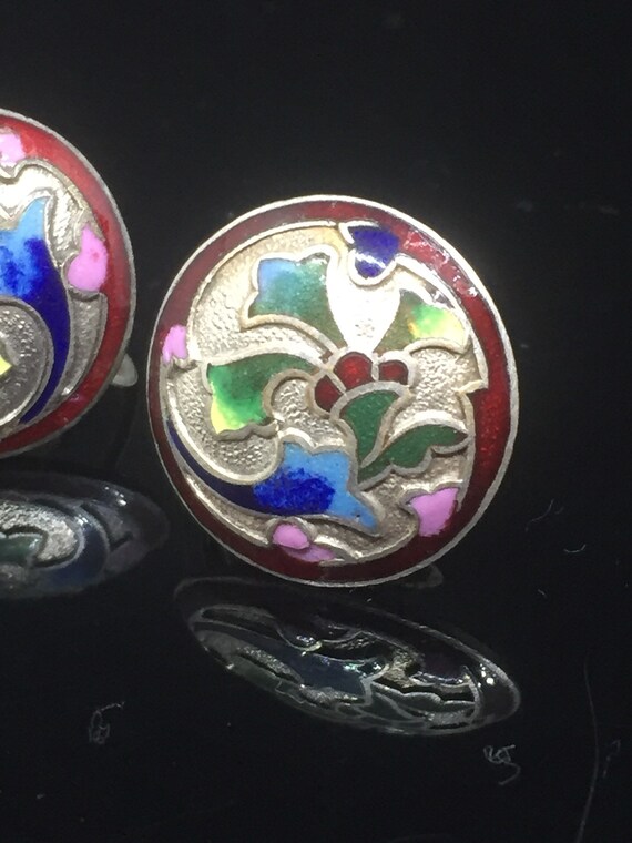 Vintage Chinese Cloisonné Screwback Earrings, cir… - image 2