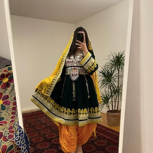 Traditional Afghan Dress Black  Yellow | Handcrafted Kuchi Embroidery | Festival & Wedding Outfit | Pashtun Attire with Dupatta and Shalwar