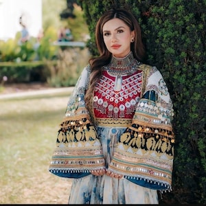 Handmade Embroidered Afghan Dress: Blue Tie-Dye Kuchi Gown
