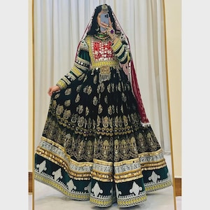 Handmade Traditional Afghan Dress – Black Velvet Embroidered Gown with Tribal Jewelry | Pashtun, Hazara, Kuchi Wedding & Cultural Attire