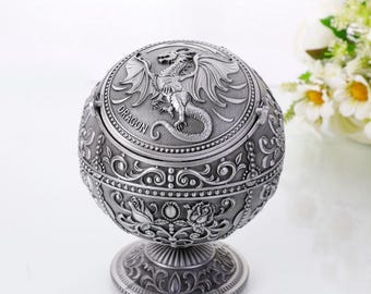 Vintage Dragon Embossed Metal Ashtray, Spherical Lid Decor