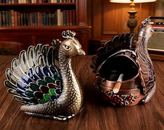 Vintage metalen asbak met pauwreliëf, retro ontwerp met schuifdeksel