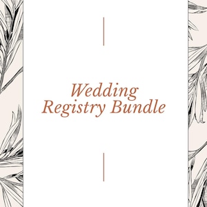Puede incluir: Gráfico rectangular con el texto "Wedding Registry Bundle" en fuente serif. El texto es de color marrón rojizo, sobre un fondo blanco. El fondo tiene un tono beige con ilustraciones florales.