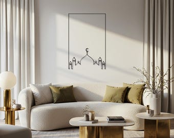 Arte de pared de metal con forma de mezquita islámica, decoración minimalista en forma de media luna, colgante de pared espiritual negro moderno para sala de estar, sala de oración o regalo.