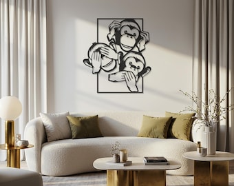 Three Monkeys Metal Wall Art, See No Evil, Hear No Evil, Speak No Evil, Fun and Playful Design for Home Decor, Living Room or Office Rooms