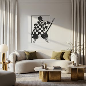 Decoración de pared de metal samurái, silueta de guerrero japonés, decoración moderna inspirada en anime para sala de estar, dormitorio, oficina o regalo.