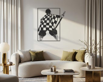 Decoración de pared de metal samurái, silueta de guerrero japonés, decoración moderna inspirada en anime para sala de estar, dormitorio, oficina o regalo.