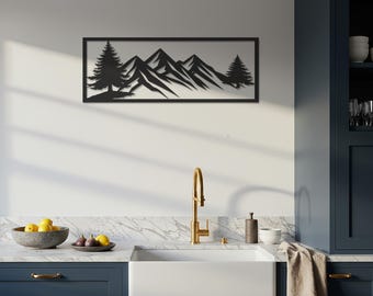 Mountain Metal Wall Art, Modern Nature Wall Decor, Rustic Mountain Scene Sign, Tree and Peak Silhouette, Outdoor Inspired Wall Accent