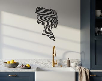 Female Optical Metal Art, Wavy Head Wall Decor, Abstract Mind Panel, Black Line Silhouette, Modern Artistic Piece, Bold Face Wall Hanging