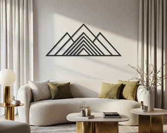 Geometric Mountain Metal Wall Art, Modern Minimalist Nature Inspired Wall Sculpture, Black Contemporary Wall Hanging for Living Room Decor