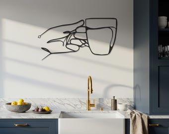 Arte de pared de metal minimalista con una mano sosteniendo una taza, decoración de cocina moderna, arte lineal simple, escultura de pared de café, decoración contemporánea del hogar.
