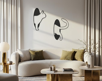 Juego de 2 figuras de gato para pared, decoración minimalista de silueta de gato, colgante de pared de metal con forma de gato, regalo para amantes de las mascotas, decoración para el hogar con gatos, arte metálico con contorno de gatito