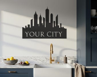Arte mural personalizado con horizonte urbano, decoración de pared metálica con paisaje urbano personalizado, decoración urbana para el hogar, arte personalizable con nombre de ciudad, escultura de pared moderna