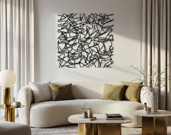 Arte abstracto de pared de metal, escultura de línea moderna, panel geométrico de pared, decoración minimalista grande, colgante de pared cuadrado de metal, arte para sala de estar
