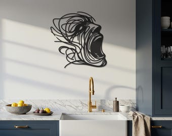 Arte de pared de metal con cara gritando, escultura abstracta de pared, decoración facial con líneas modernas, decoración llamativa, tapices de pared, arte de metal único