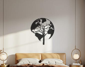 Arte de pared de metal con mapa del mundo del Árbol de la Vida, decoración natural con globo terráqueo, colgante de pared moderno y ecológico, escultura de pared de metal ecológica.