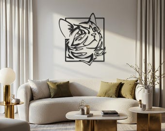 Cat Silhouette Metal Art, Abstract Line Drawing of a Cat's Head, Modern Minimalist Home Decor for Cat Lovers, Cute Cat Face, Cat Lover Gift