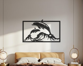 Delfín de metal para pared, decoración con temática oceánica, adorno de pared con motivos marinos, escultura de delfín saltando, panel de pared náutico, regalo de pared marino