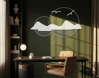 Mountain and Sunset Metal Wall Art, Minimalist Circular Landscape with Birds, Modern Nature-Inspired Home Decor for Modern Home Wall Art