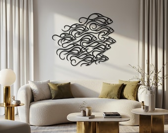 Fish School Wall Art, Ocean Metal Decor, Abstract Wave Design, Sea Life Silhouette, Coastal Wall Accent, Gift for Home, Flowing Fish Panel