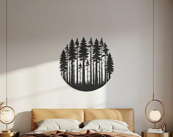 Forest Wall Art, Pine Tree Silhouette, Round Metal Nature Decor, Modern Cabin Wall Sign, Minimalist Woodland Art, Gift for Nature Lovers