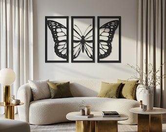 Butterfly Metal Wall Art, 3-Piece Modern Minimalist Set, Nature-Inspired Black Wall Decor for Living Room, Bedroom, Kitchen or Gift