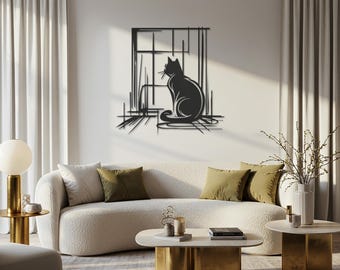 Arte de pared de metal con ventana de gato, decoración minimalista de gato, escultura de pared de gato moderna, arte de pared de animales, decoración de pared para amantes de las mascotas, arte contemporáneo para el hogar