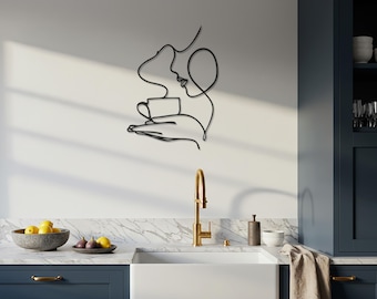 Kaffeeliebhaber Line Art, Minimalistische Wandkunst, moderne Küchendekoration, Kaffeetasse Metallwandbehang, Geschenk für Kaffeesüchtige, Line Art Decor