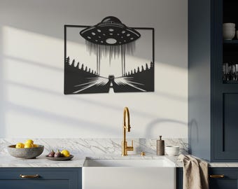UFO Metal Wall Art, Alien Spaceship Decor, Sci-Fi Wall Hanging, Modern Metal Art, Outer Space Gift, Forest Road Art, Metal Wall Decor