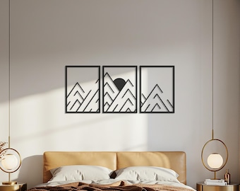 Mountain Metal Wall Art Set, Modern Geometric 3 Piece Metal Wall Decor, Nordic Minimalist Mountain Scene, Bedroom or Living Room Wall Accent