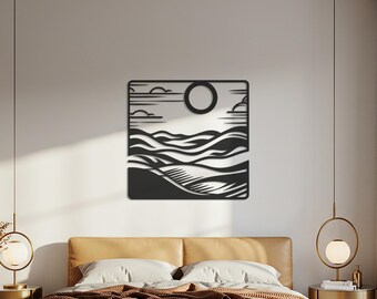 Sunset Landscape Metal Wall Art, Wavy Horizon Panel, Minimalist Nature Decor, Silhouette Sculpture, Bedroom Wall Accent, Gift for Home