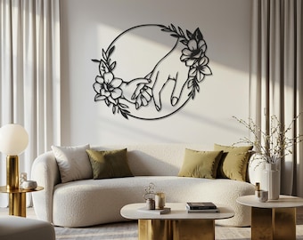 Arte de pared de metal con madre e hijo agarrados de la mano, decoración de línea floral, decoración minimalista, escultura de pared familiar, regalo para mamá, arte de pared moderno.