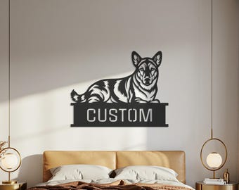 Arte de pared de metal con nombre de perro personalizado, letrero personalizado para mascota, decoración de pared de pastor alemán, letrero con silueta de perro, placa con nombre para mascota, regalo para amantes de los perros