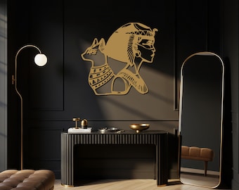 Egyptian Queen and Cat Metal Wall Art, Modern Pharaoh and Feline Design, Unique Home Decor for Bedroom, Living Room, and Office