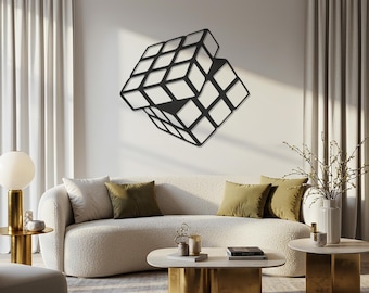 Rubik's Cube Metal Wall Art, Modern Puzzle Wall Decor, Gamer Room Decor, Geometric Cube Sculpture, Gift for Home, Line Art Wall Hanging