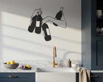 Arte de pared de metal con botellas de vino, decoración moderna de bar, colgante de pared minimalista de línea negra para cocina, comedor, bar en casa o regalo para amantes del vino.