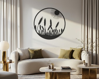 Decoración de pared redonda de metal, diseño de sol y trigo, obra de arte moderna inspirada en la naturaleza, elegante decoración para el hogar, arte de pared de metal natural.