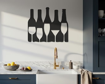 Wine Bottles and Glasses Metal Wall Art, Kitchen Bar Wall Decor, Modern Wine Lover Gift, Minimalist Metal Sculpture, Dining Room Wall Accent