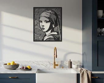 Girl with Pearl Earring Metal Art, Vermeer Portrait Panel, Classic Wall Sculpture, Modern Silhouette Decor, Gift for Her, Black Metal Cutout
